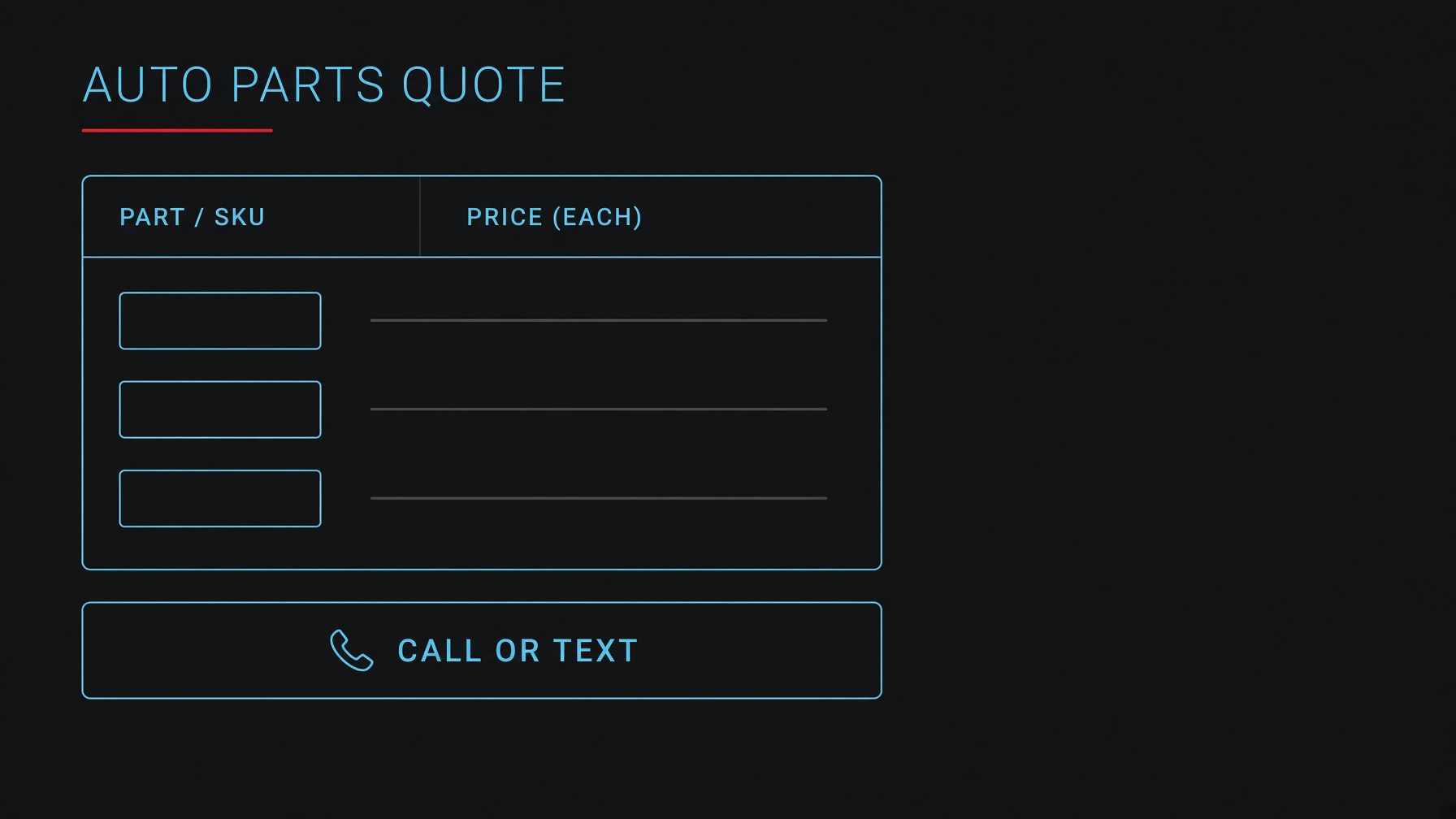 Wireframe of a parts quote and call or text